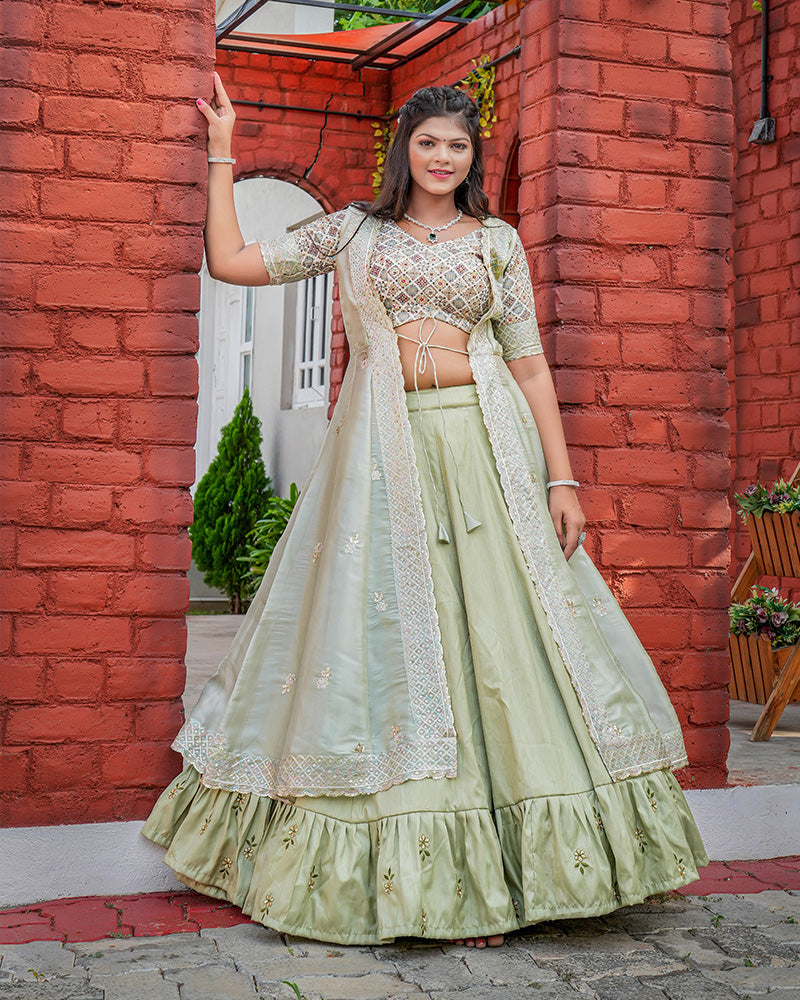 Western Style Pista Color Joya Silk Embroidered Lehenga Choli
