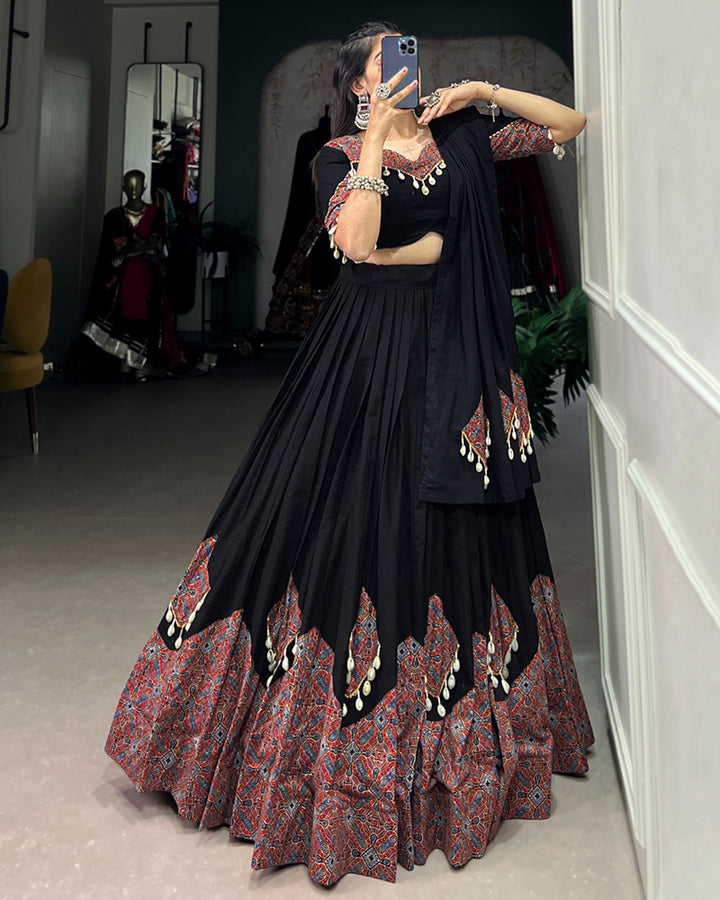 Black Color Cotton Printed With Cowrie Lehenga Choli