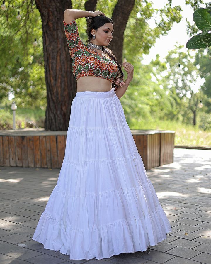 White Color Rayon Full Flair Navratri Lehenga Choli