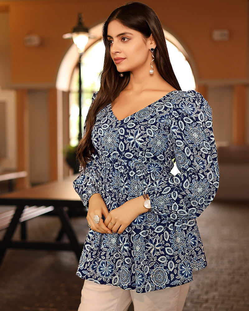 Blue Color Pure Cotton Floral Printed Tunic