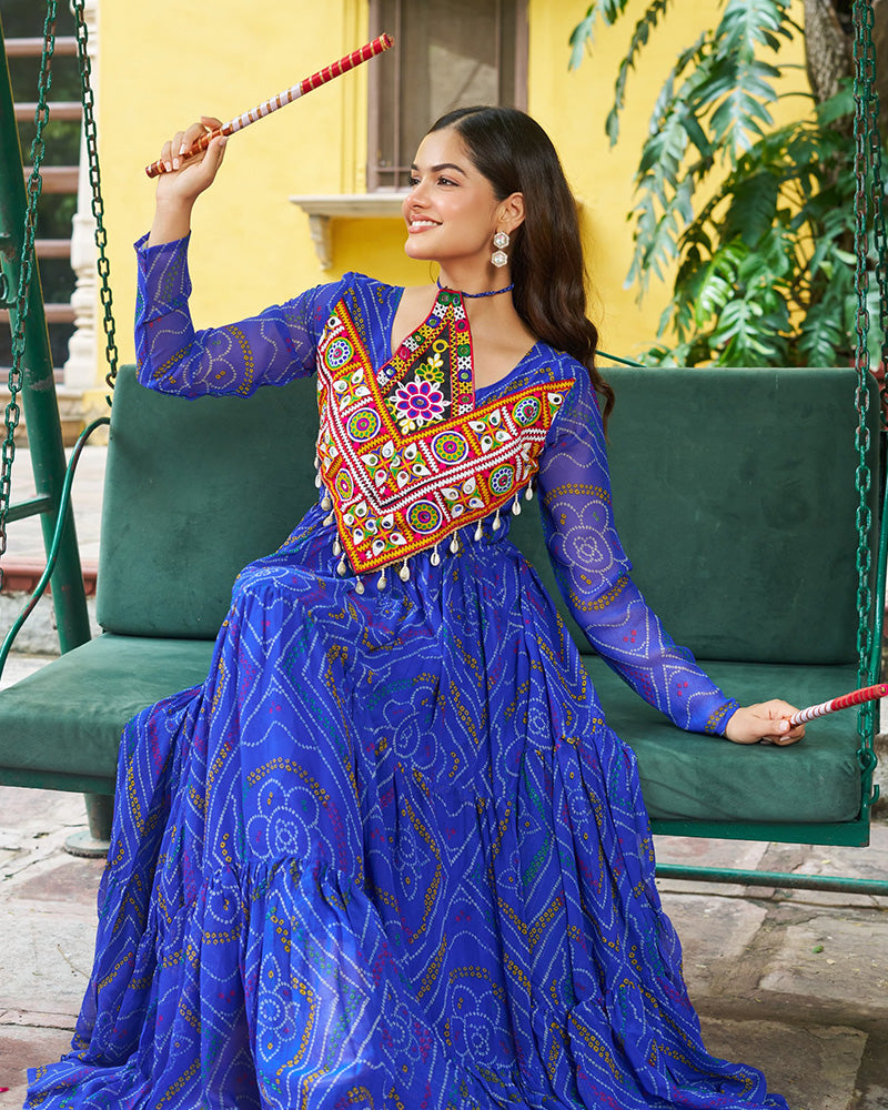 Festive Blue Ethnic Gown With Colorful Mirror Work
