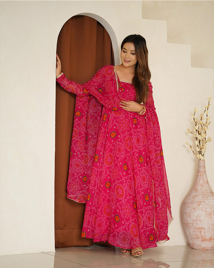 Rani Pink Color Bandhej Print Soft Chiffon Anarkali Gown