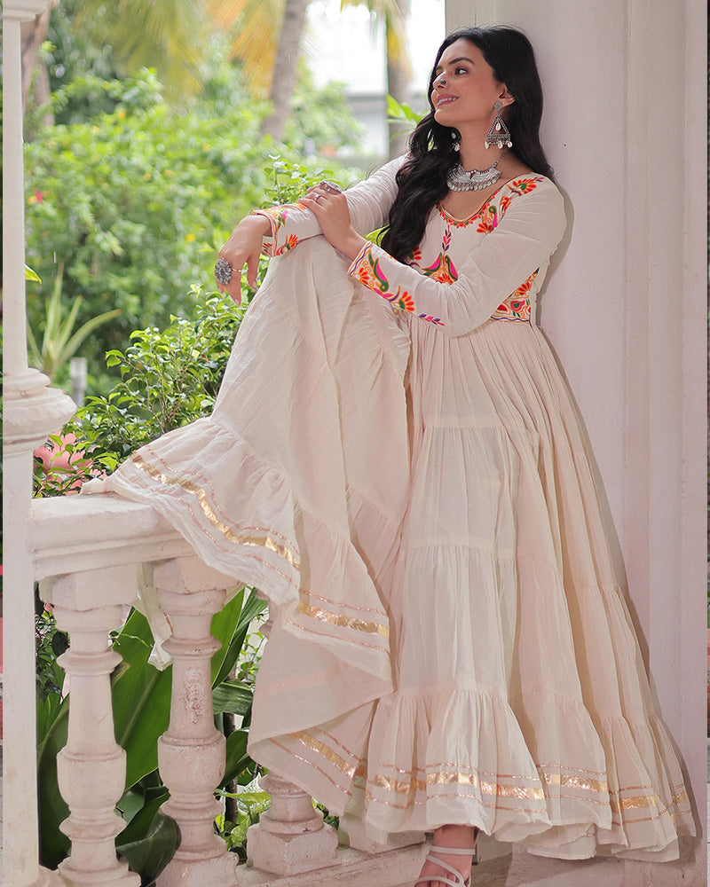 Off-White Kora Cotton Mirror-Embroidered Flared Navratri Gown
