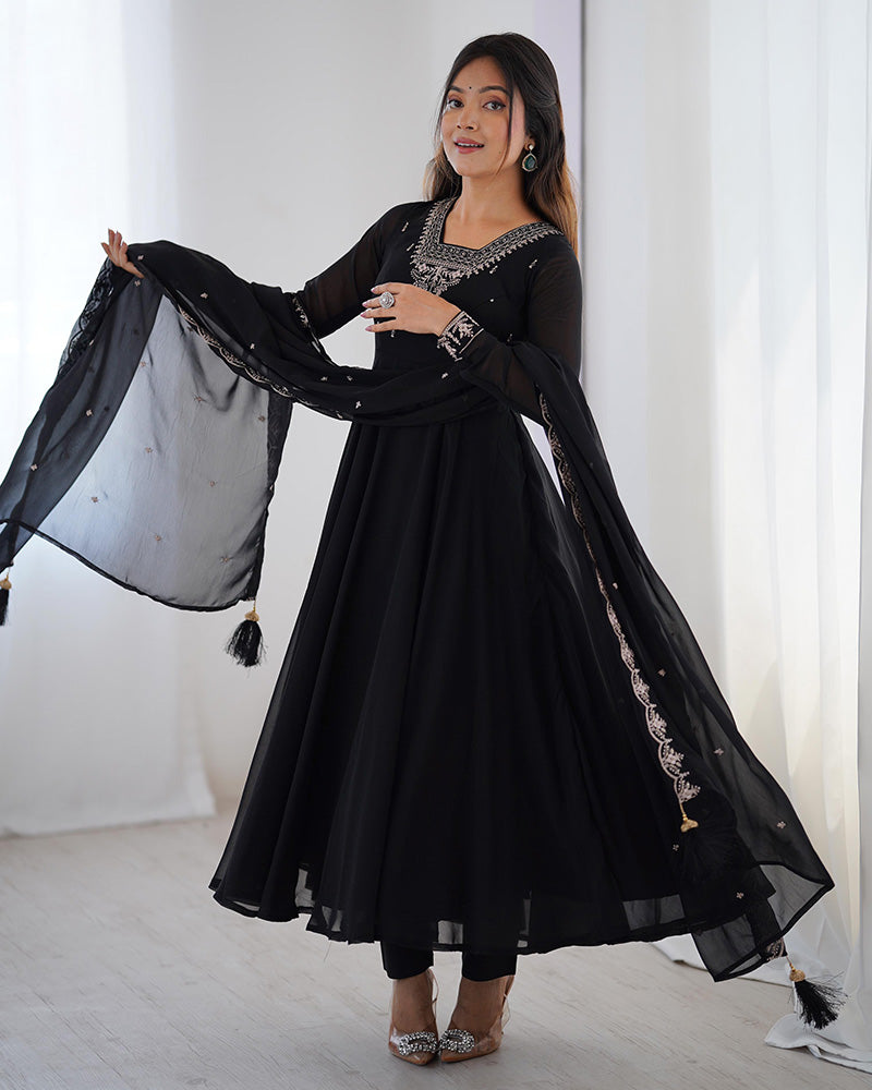 Black Color Georgette Embroidered Three Piece Anarkali Suit