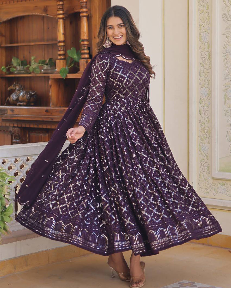 Wine Color Designer Anarkali Gown With Dupatta