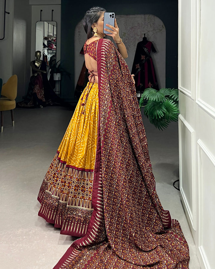 Mustard Color Tussar Silk Bandhej Printed Navratri Lehenga Choli