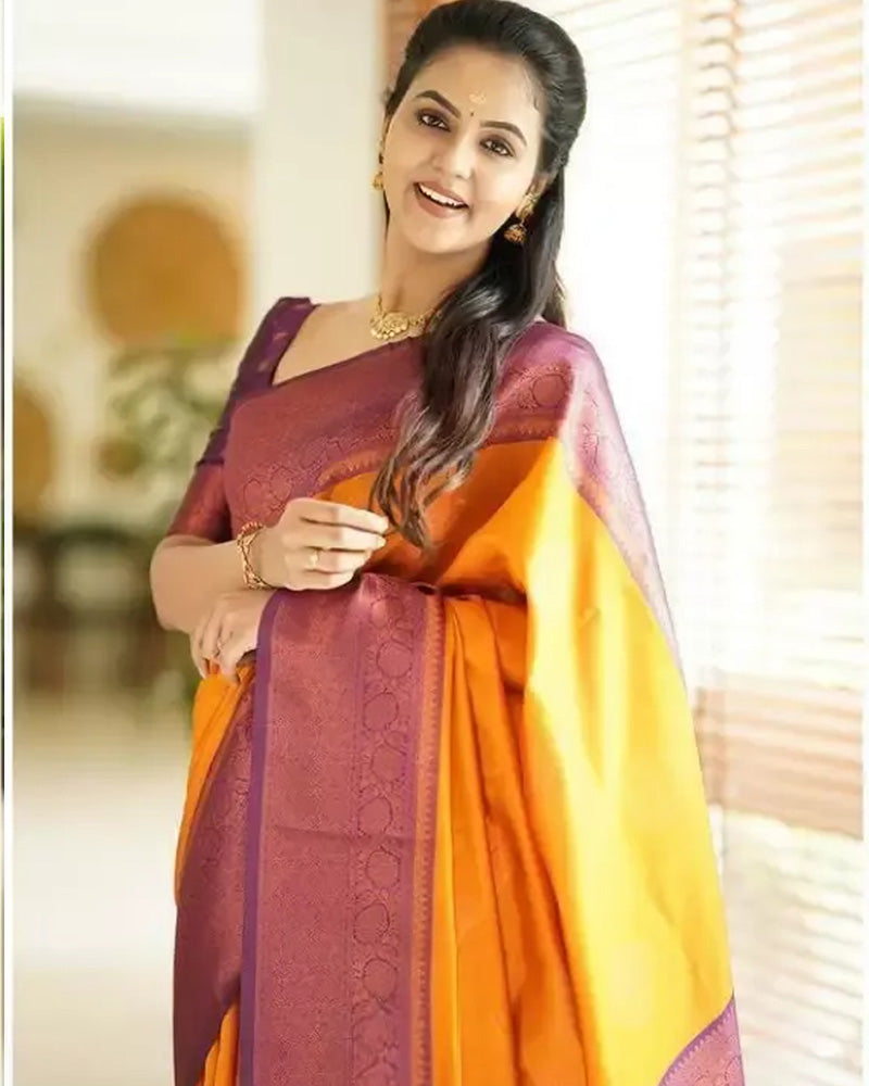 Mustard Color Banarasi Jacquard Soft Silk Saree