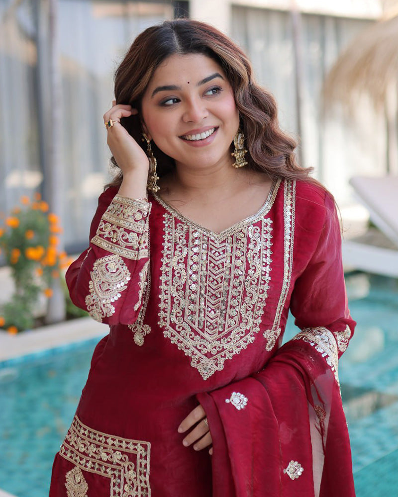 Wine Maroon Color Fendi Silk Embroidered Kurti Suit