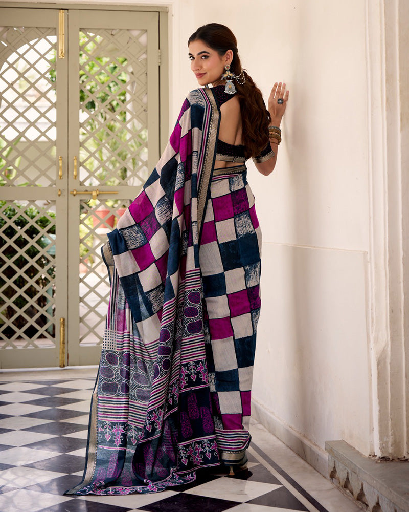 Navy Blue Color Polyester Chanderi Printed Saree