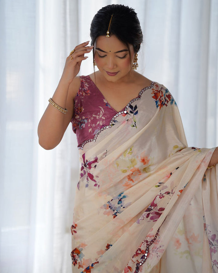 Cream Color Chinnon Silk Saree