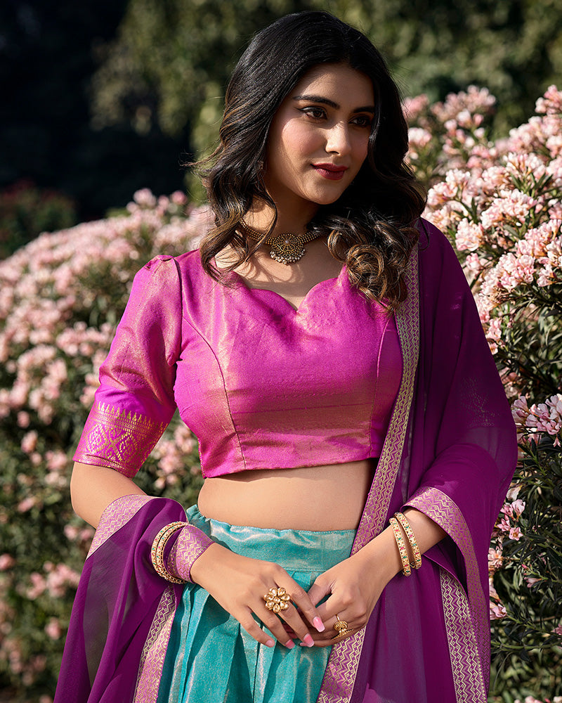 Sky Blue Color Kanchipuram Silk Designer Half Saree