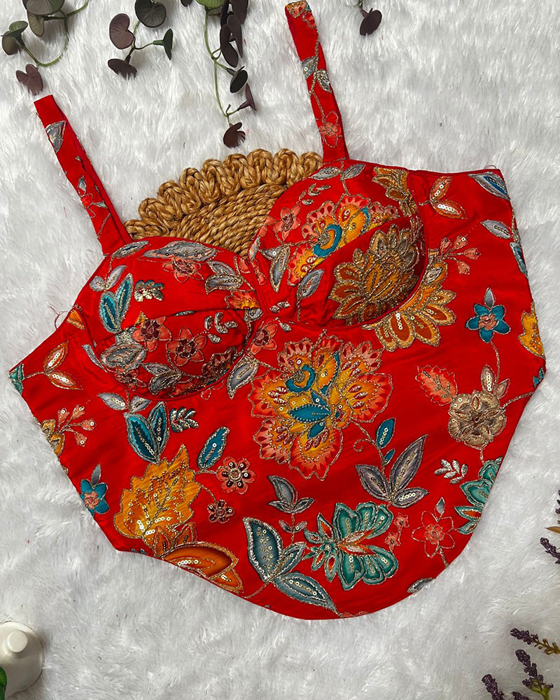 Orange Color Rumali Silk Embroidered Spaghetti Blouse