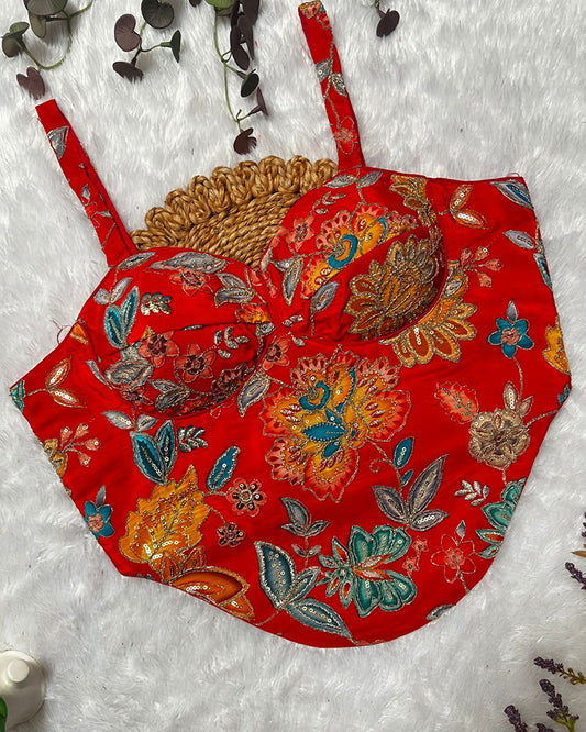 Orange Color Rumali Silk Embroidered Spaghetti Blouse