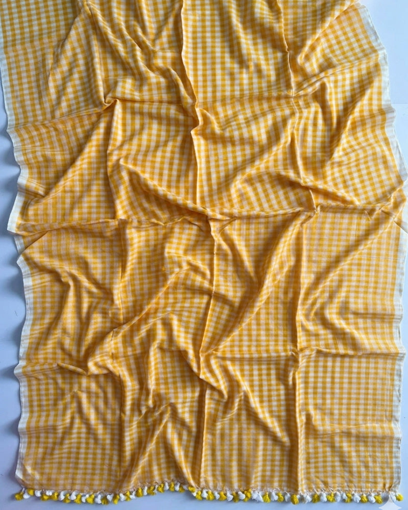 Yellow Color Pure Mal Cotton Chex Printed Saree