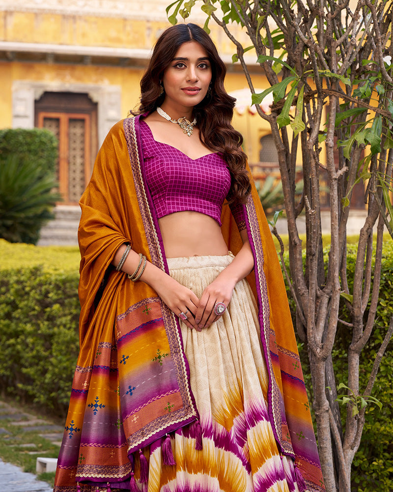 Wine Color Tasar Silk Dye Printed Lehenga Choli