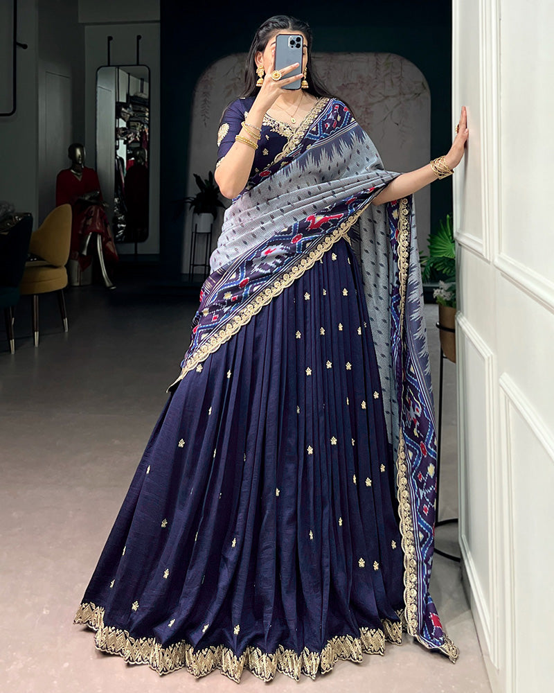 Premium Navy Blue Embroidered Vichitra Silk Lehenga Choli