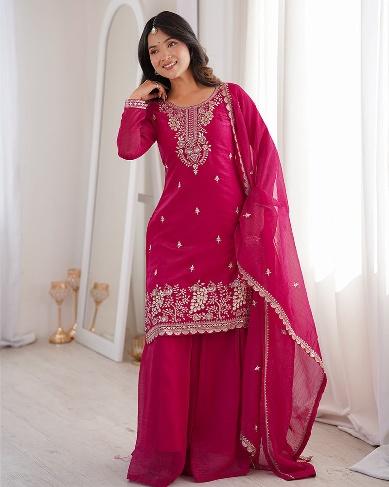 Rani Pink Color Soft Crunchy Silk Embroidered Plazzo Suit