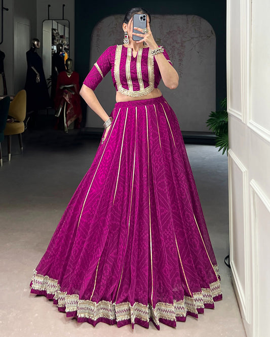 Wine Color Chiffon Bandhej Printed Navratri Lehenga Choli