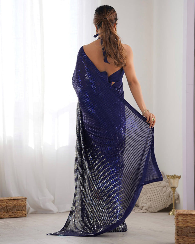 Navy Blue Color Heavy Georgette Embroidered Saree