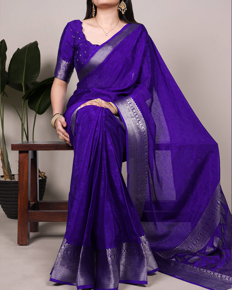 Royal Blue Color Chinon Self Printed Saree