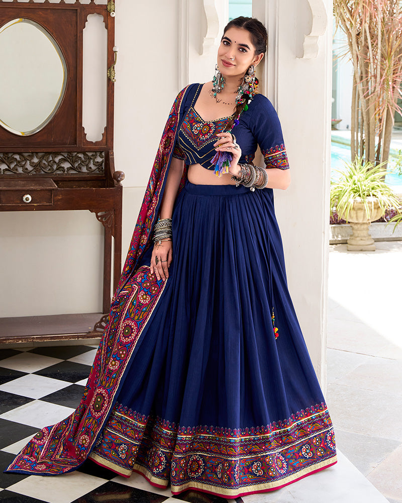 Navy Blue Color Tussar Silk Full Stitched Navratri Lehenga Choli