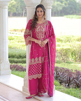 Rani Pink Color Georgette Embroidered Three Piece Kurti Suit