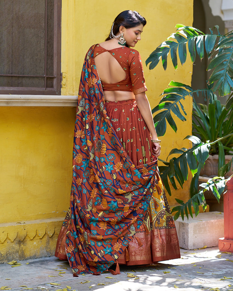 Rust Orange Color Tussar Silk Kalamkari Printed Lehenga Choli