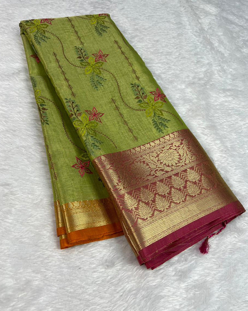 Mehndi Color Tissue Silk Floral Embroidered Saree