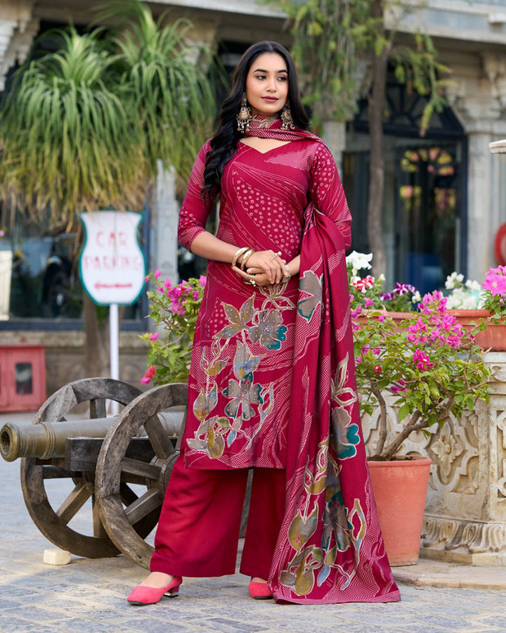 Maroon Color Roman Silk Three Piece Kurti Suit