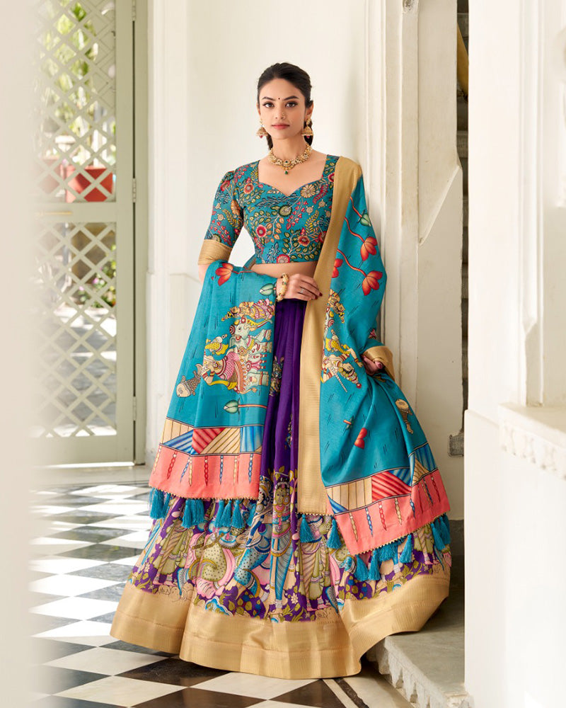 Purple Color Dola Silk Designer Kalamkari Print Half Saree