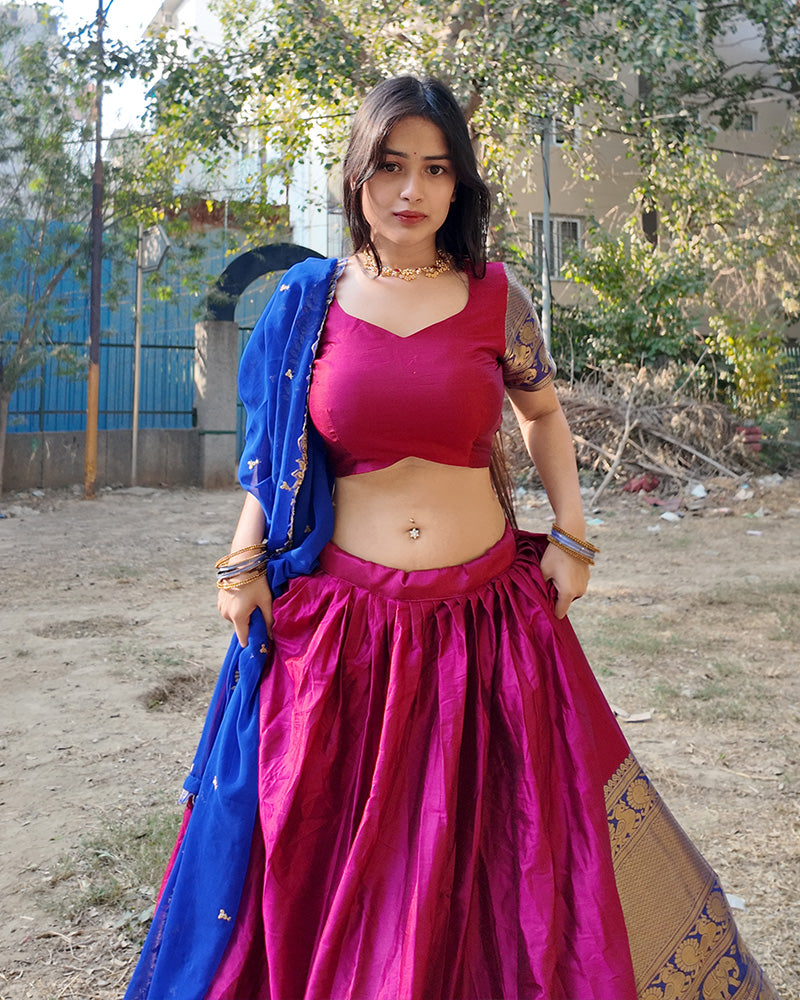 Khushi Maheshwari In Pink Color Narayan Pattu Silk Designer Half Saree
