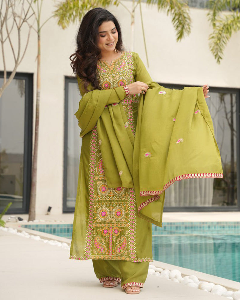 Parrot Color Chinon Embroidered Kurti Suit