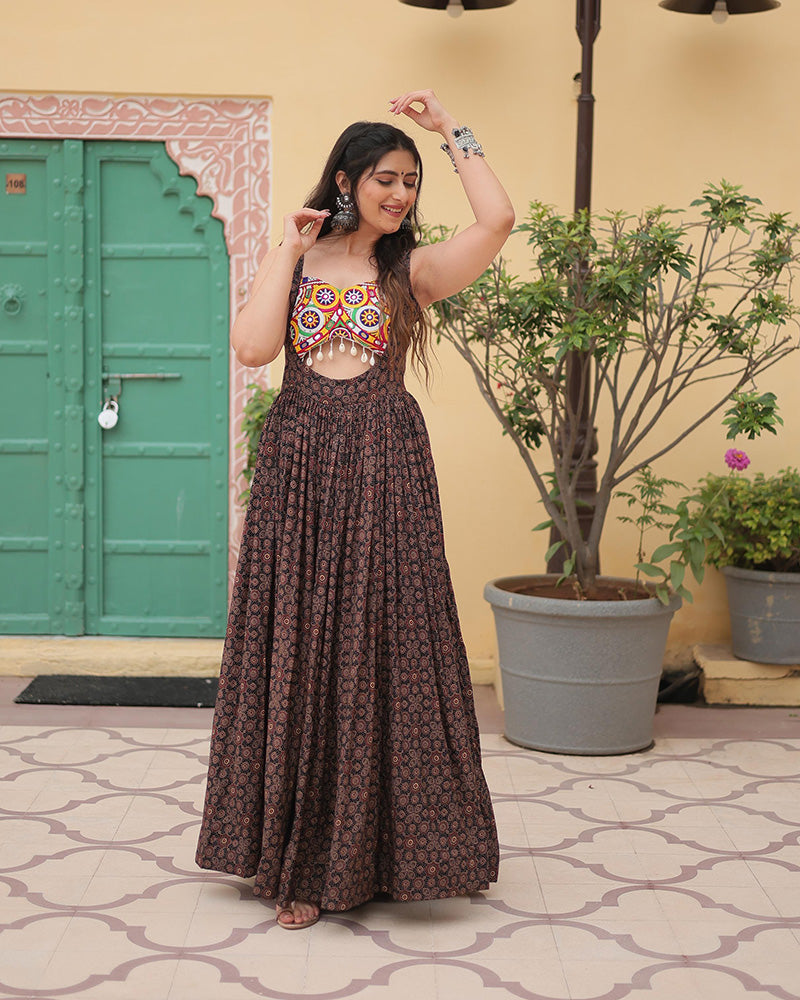 Black Color Cotton Printed Navratri Gown