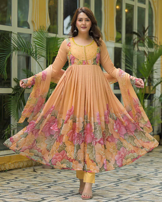 Orange Color Faux Georgette Printred Anarkali Suit
