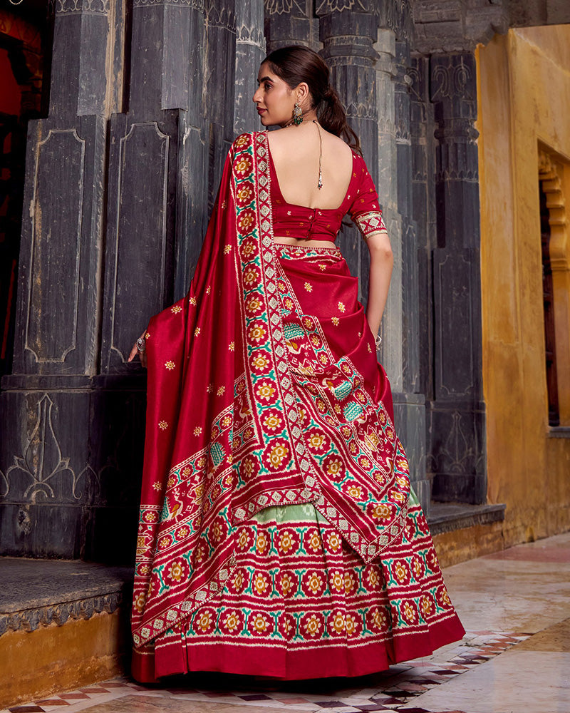 Green And Red Ikkat Printed Tasar Silk Lehenga Choli
