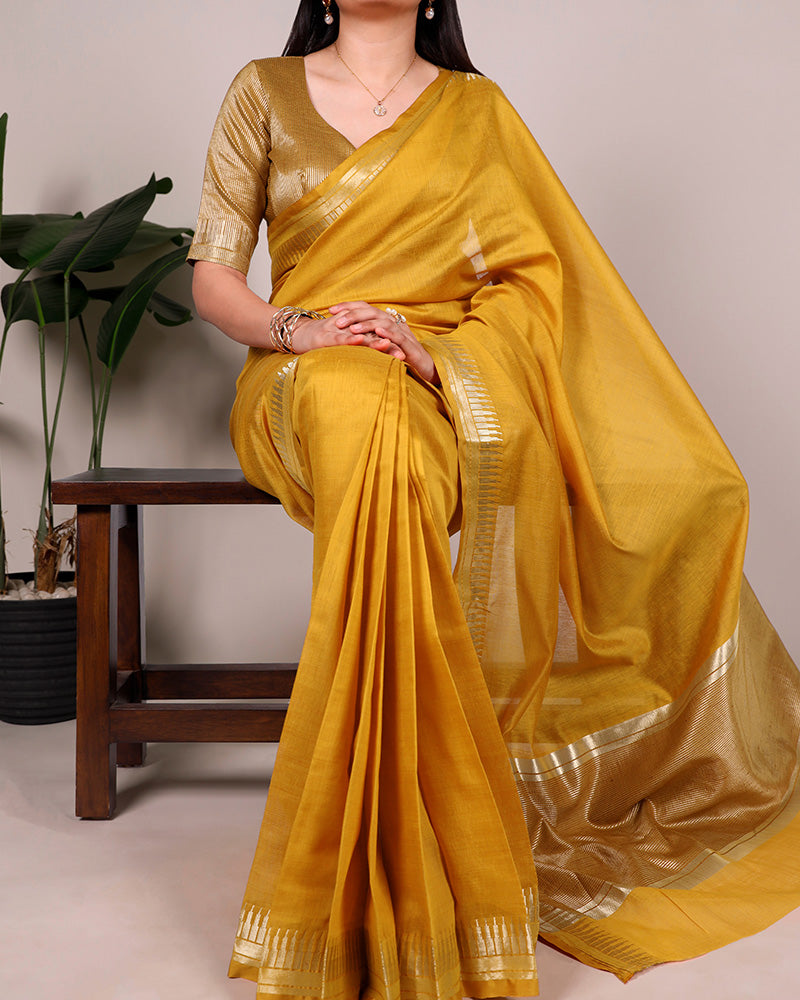 Mustard Color Cotton Silk Zari Weaving Saree