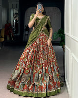 Royal Green Color Tussar Silk Kalamkari Printed Lehenga Choli