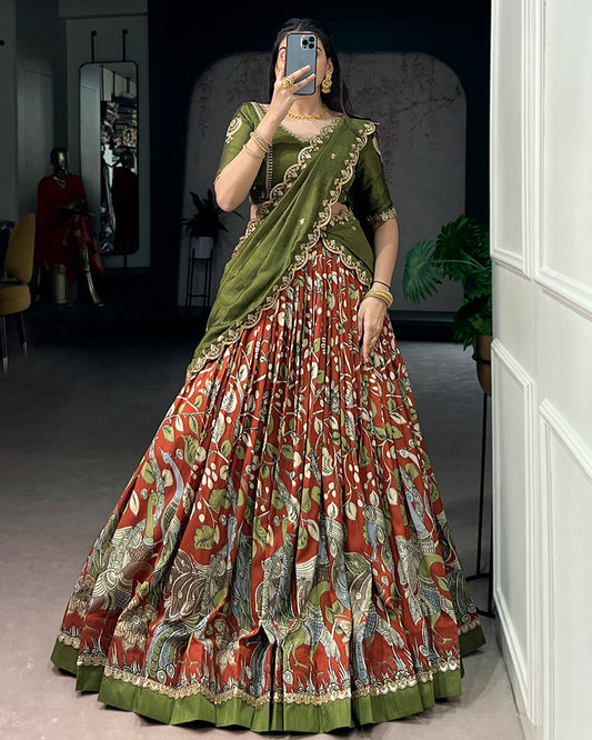 Royal Green Color Tussar Silk Kalamkari Printed Lehenga Choli