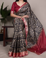 Black Color Designer Tasar Silk Printed Saree
