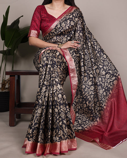 Black Color Designer Tasar Silk Printed Saree