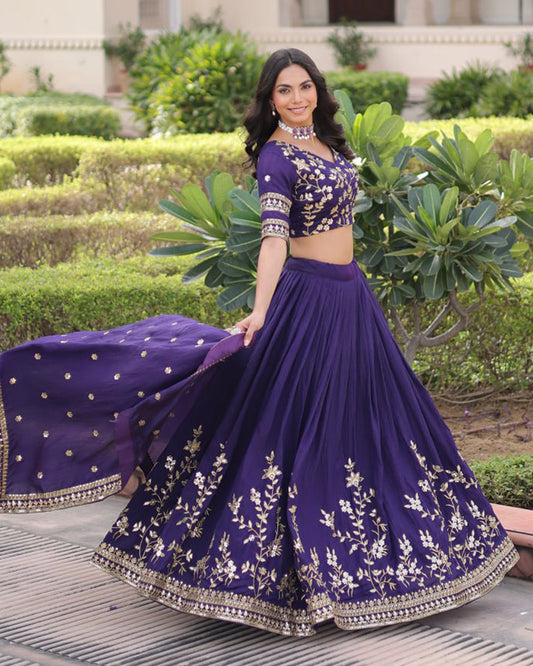 Royal Purple Color Vichitra Silk Embroidered Lehenga Choli
