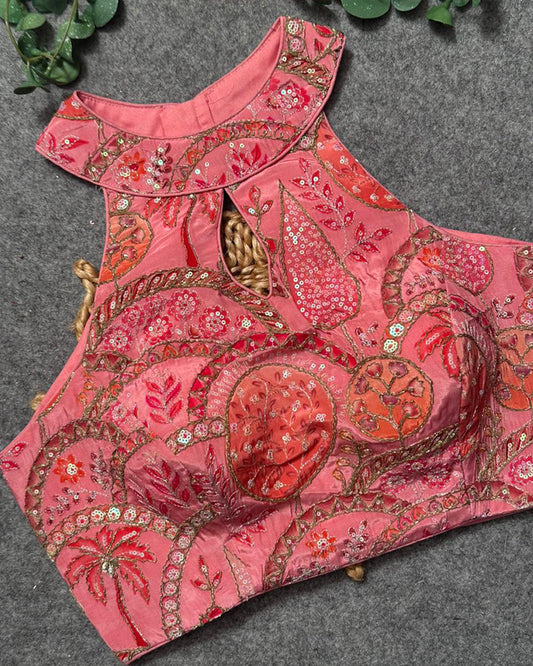 Peach Color Cotton Silk Embroidered Blouse