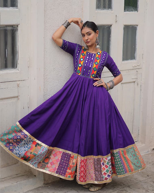 Colorful Border Purple Color Roman Silk Gamthi Work Navratri Gown