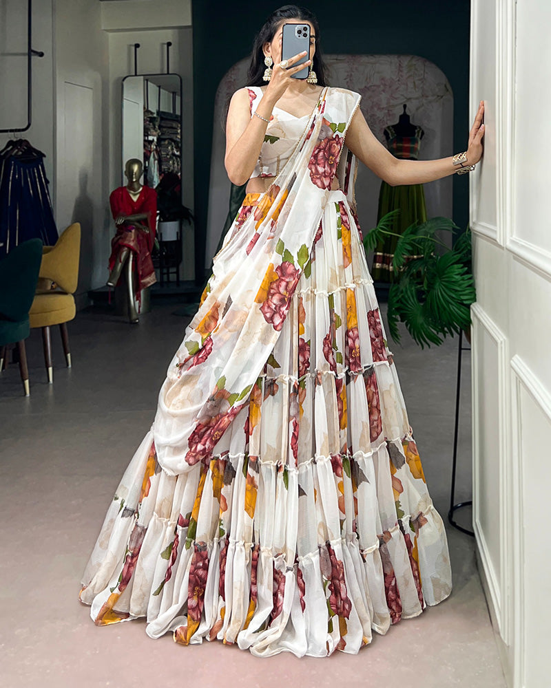 White Color Lightweight Chiffon Printed Lehenga Choli