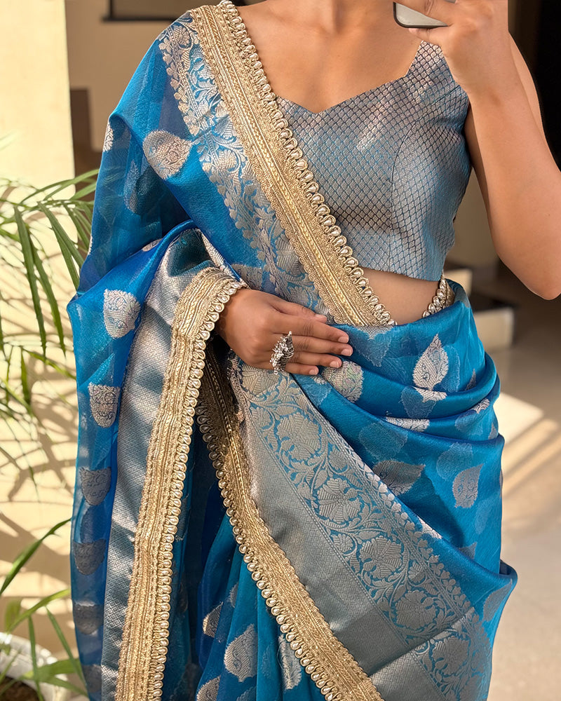 Sky Color Banarasi Tissue Gold Zari Weaving Saree