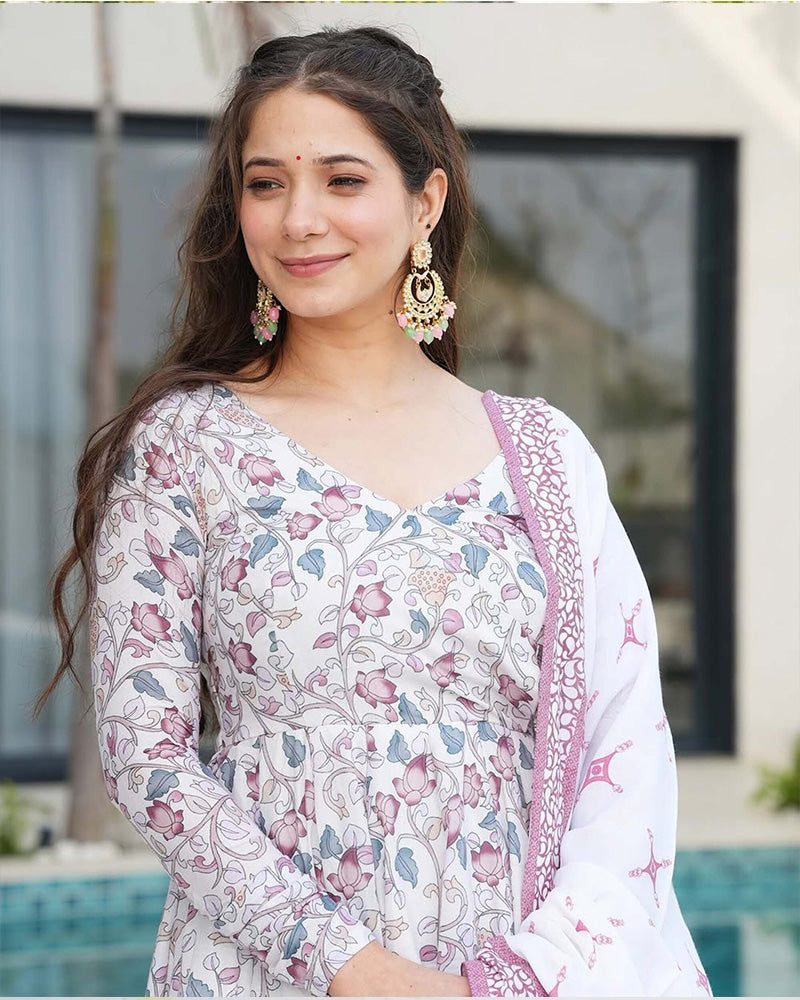 White Color Printed Soft Cotton Three Piece Anarkali Suit