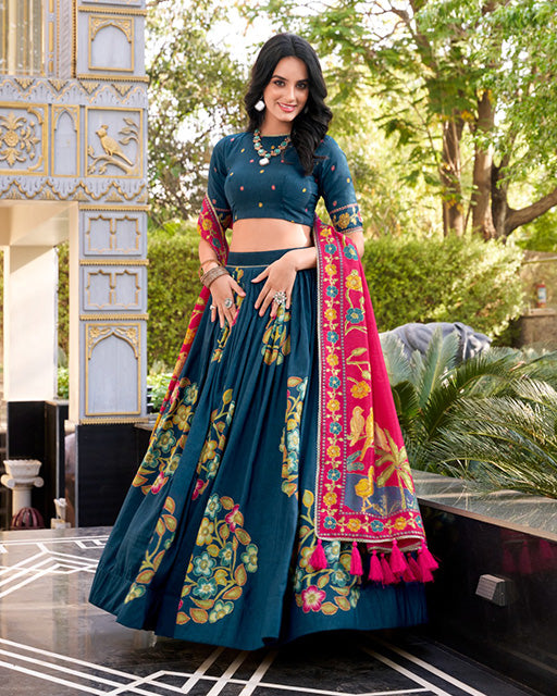 Peacock Blue Color Tussar Silk Printed With Foil Work Lehenga Choli