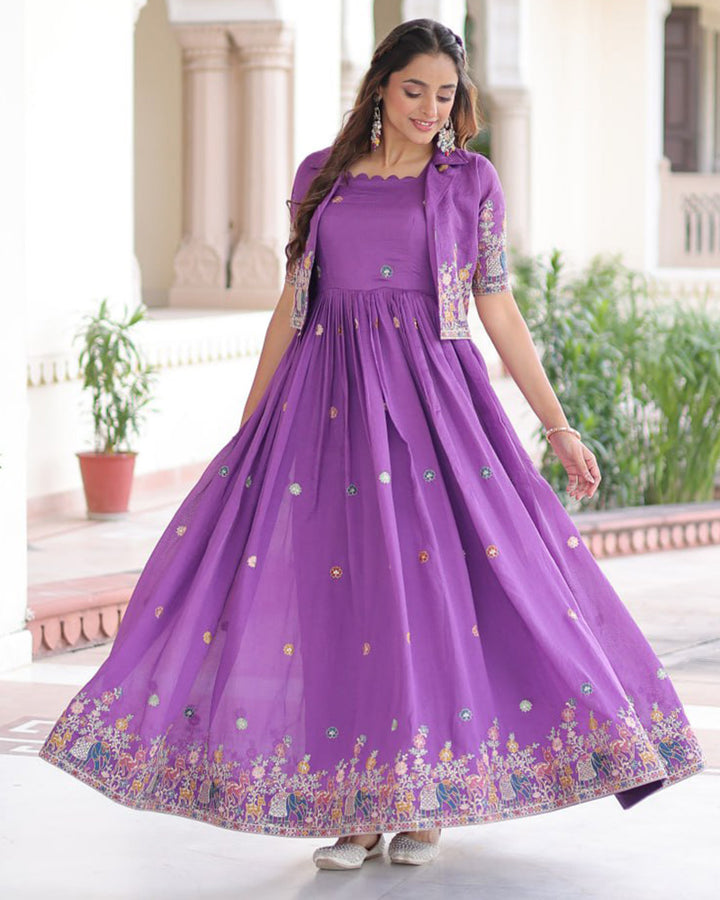Purple Color Vichitra Silk Embroidered Gown