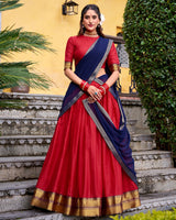 Designer Red Color Poly Cotton Half Saree