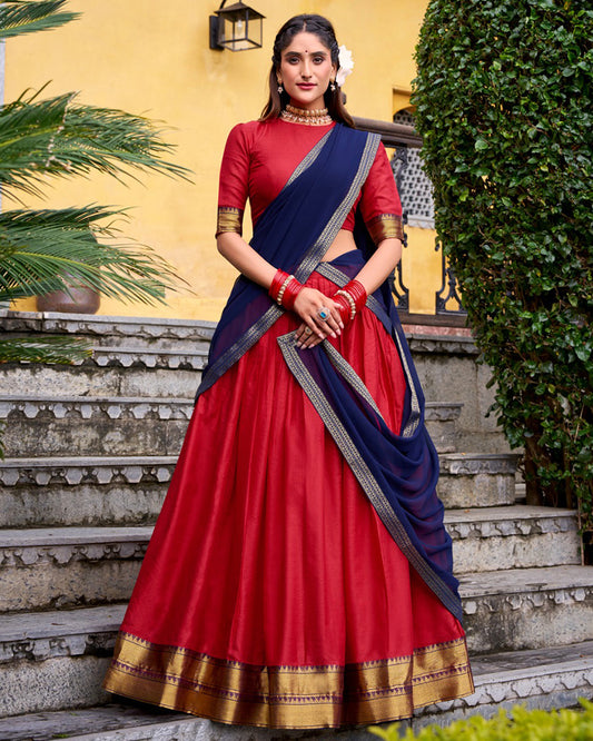 Designer Red Color Poly Cotton Half Saree